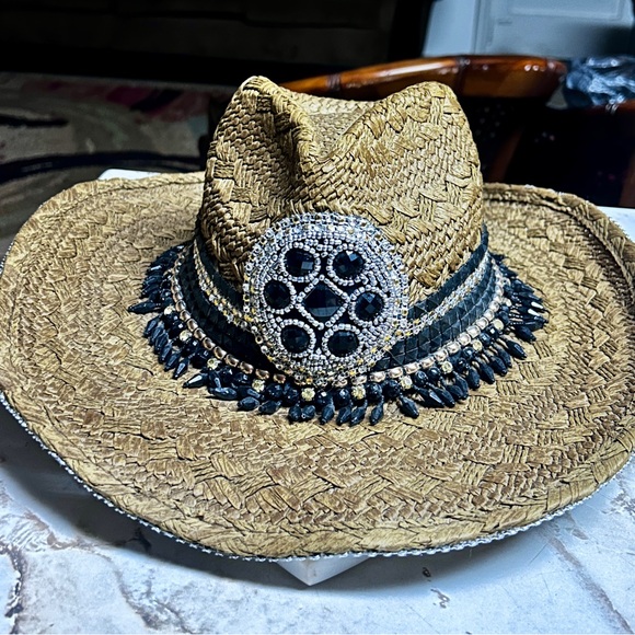 Whittall & Shon ~Brown W/Black & Gold Beaded/Rhinestones Bling Straw Cowboy Hat - Picture 1 of 16
